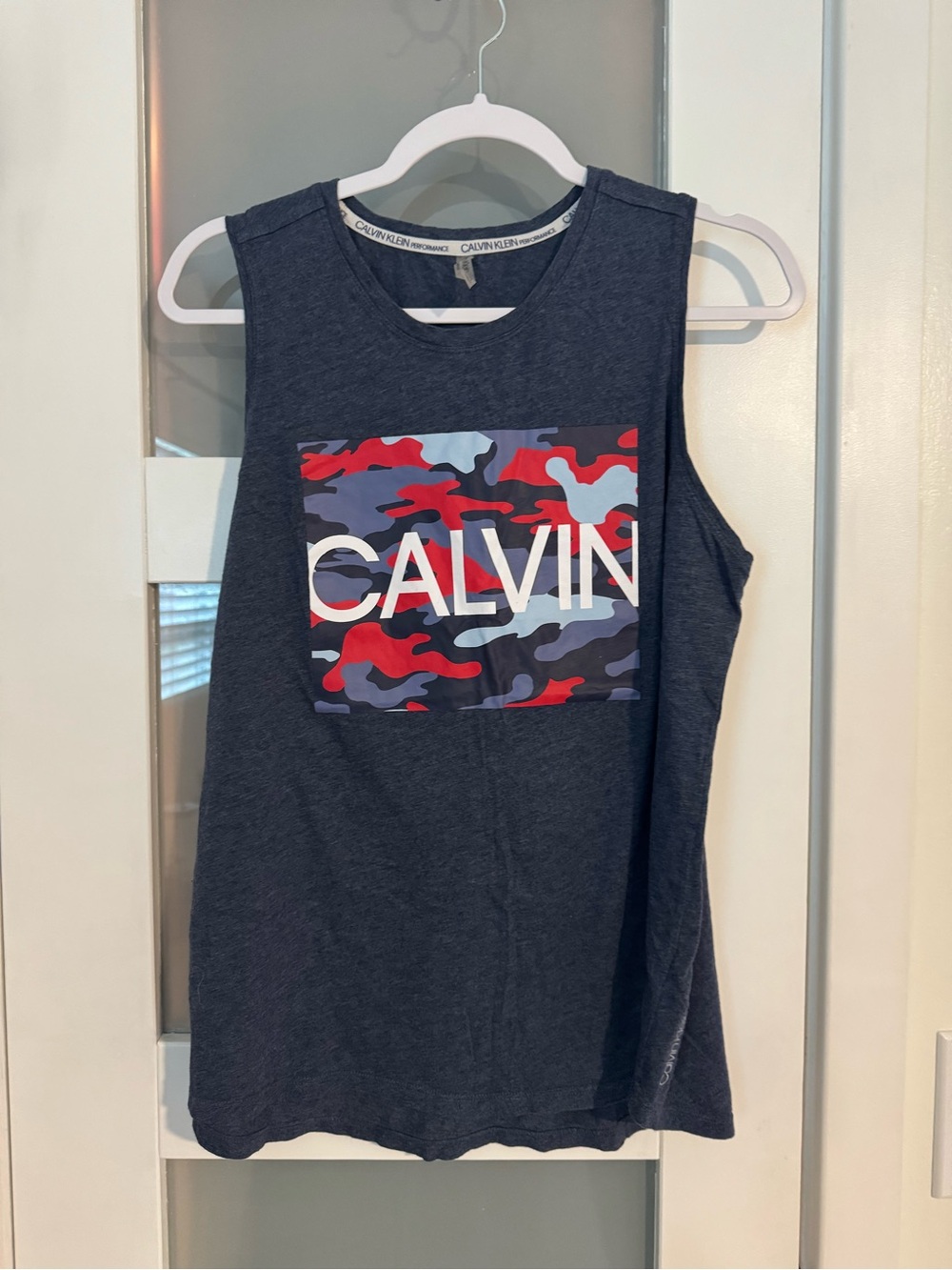 Calvin Klein Performance Navy Muscle Tank with Red & Blue Camo Logo